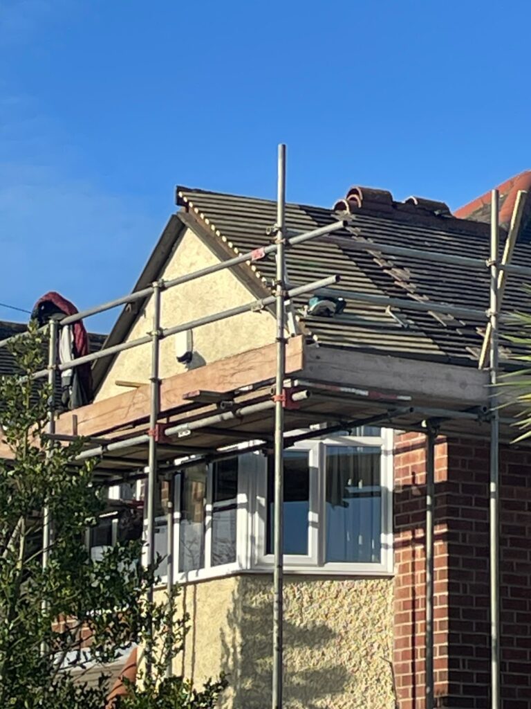 Scaffolding on a house during roof work
